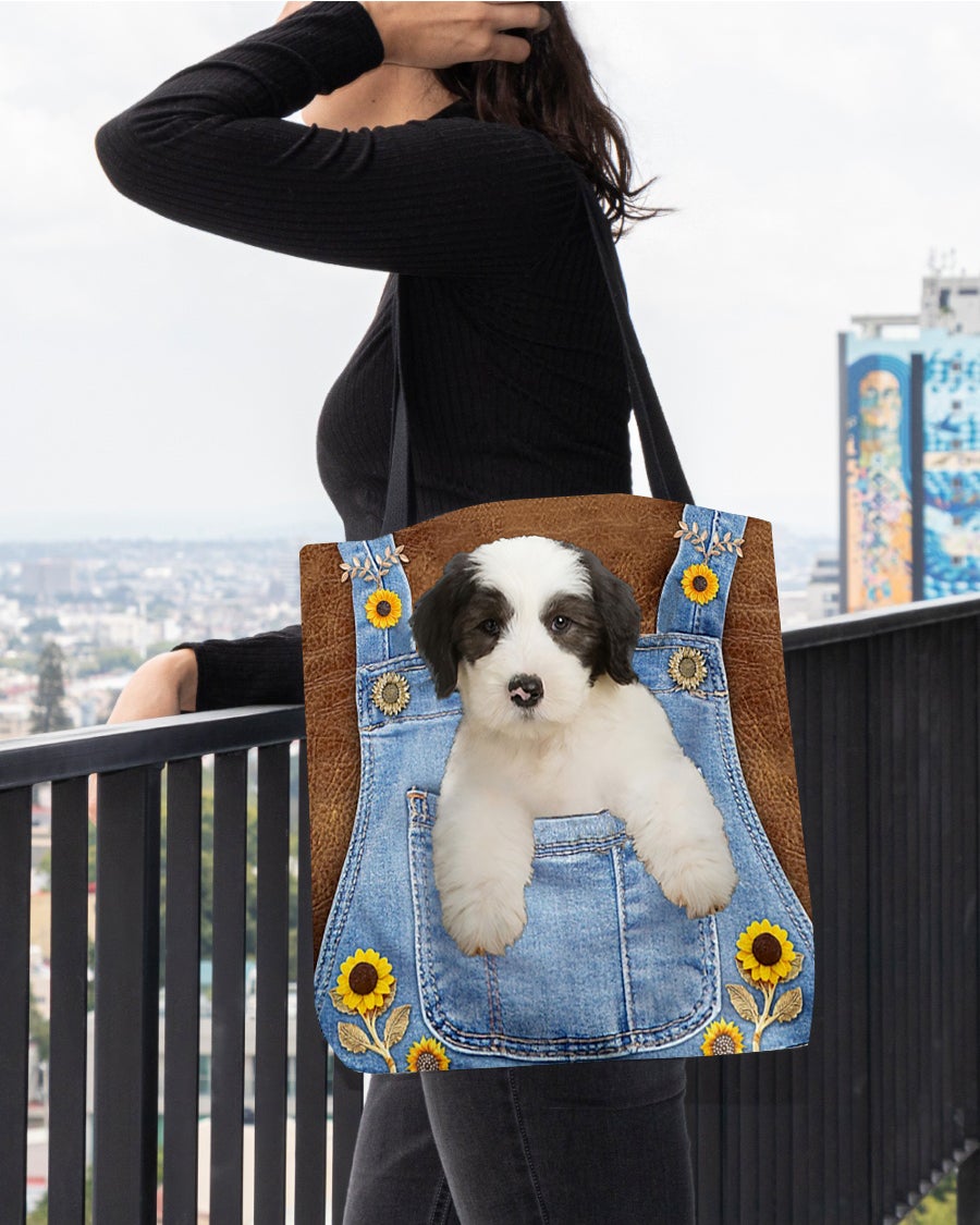 Old English Sheepdog And Sunflower-Cloth Tote Bag