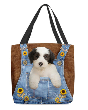 Old English Sheepdog And Sunflower-Cloth Tote Bag