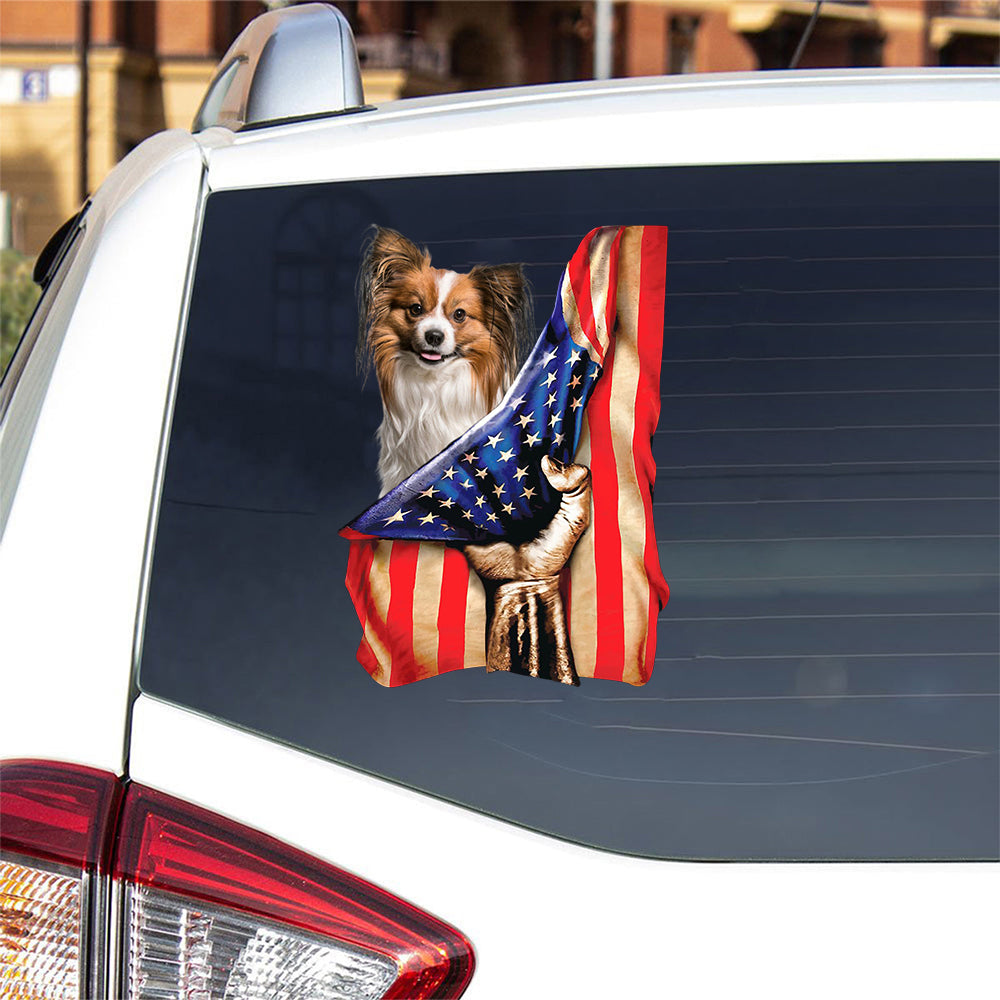 Papillon-American Flag Front Car Sticker