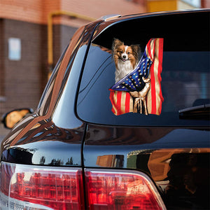 Papillon-American Flag Front Car Sticker