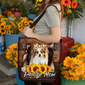 Papillon-Sunflower&Dog Mom Cloth Tote Bag