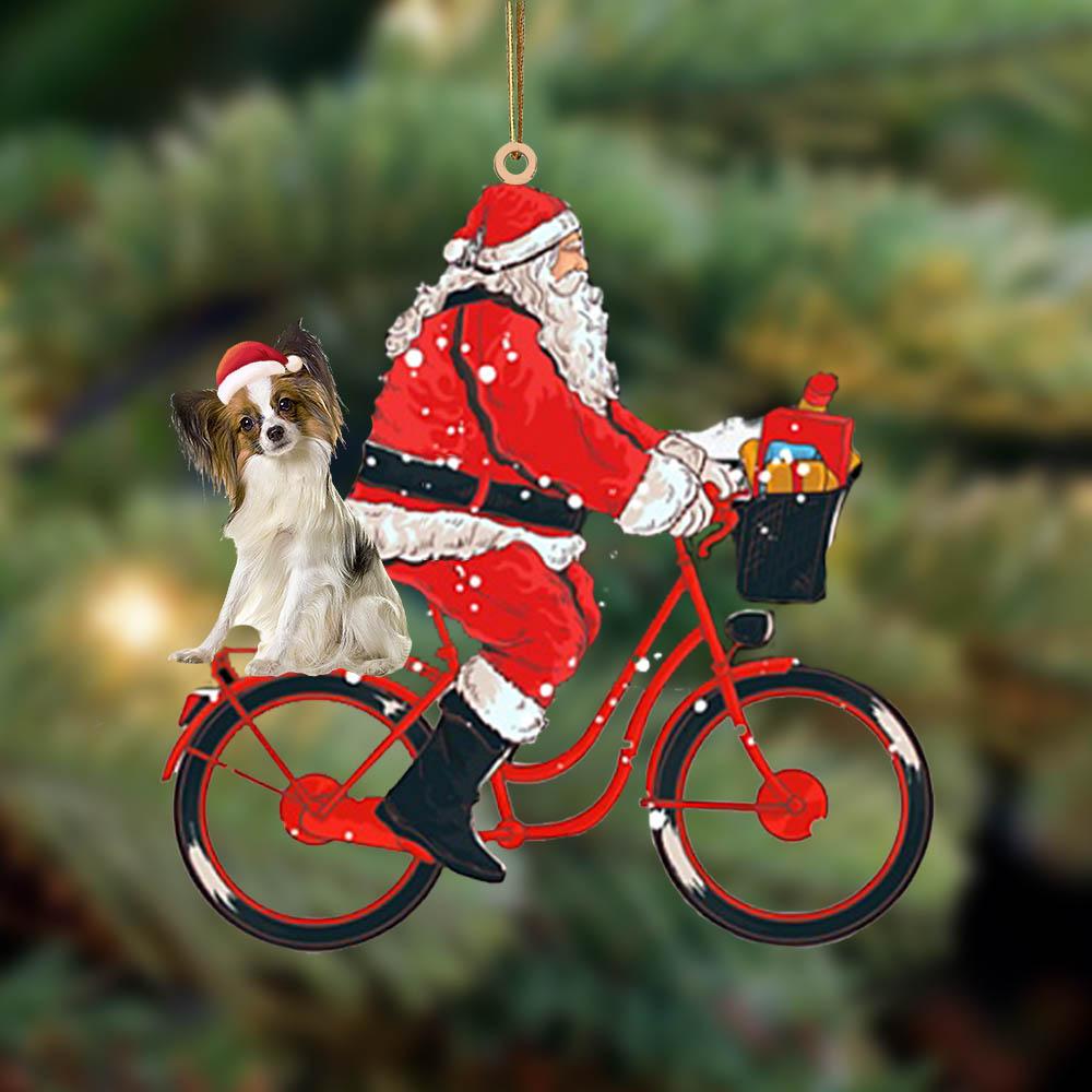 Santa Claus riding a bike with Papillon-Two Sided Ornament