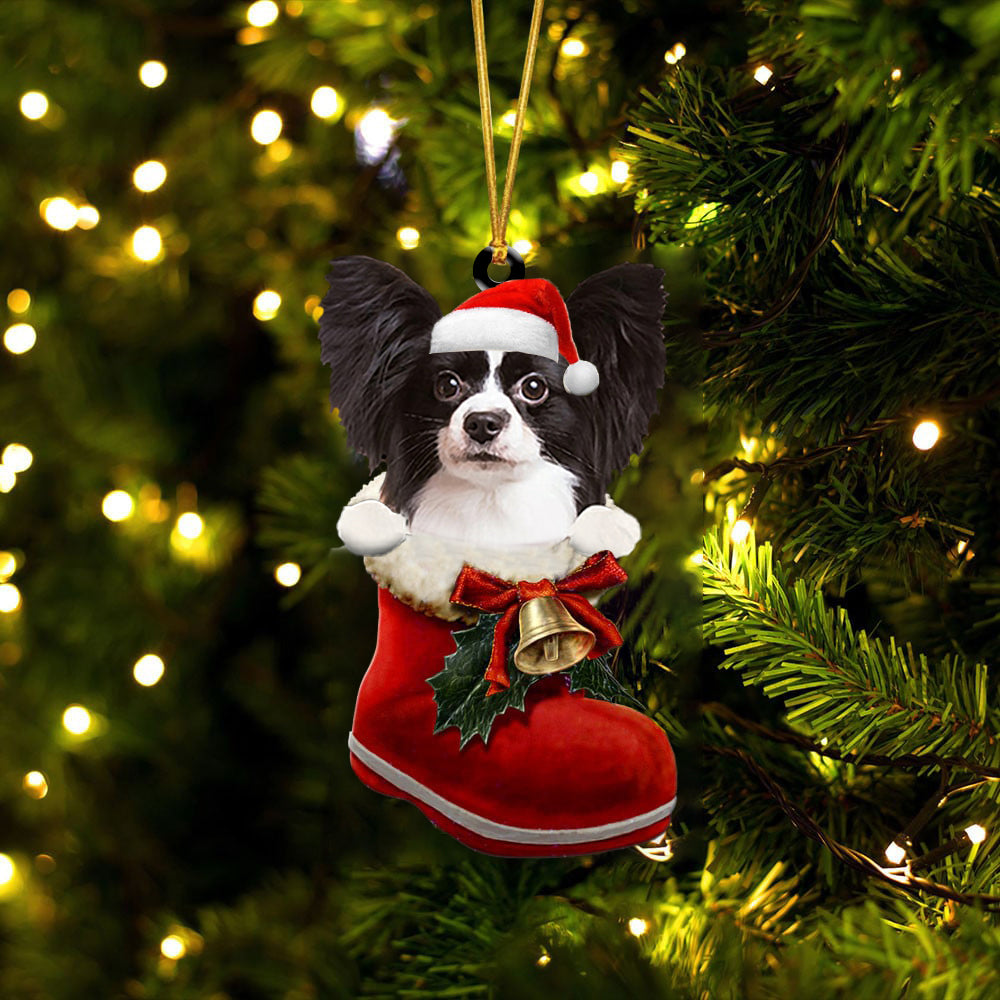 Papillon (2)-1-In Santa Boot Christmas-Two Sided Ornament