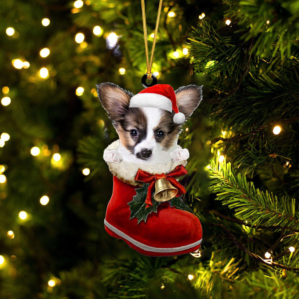 Papillon (3)-1-In Santa Boot Christmas-Two Sided Ornament