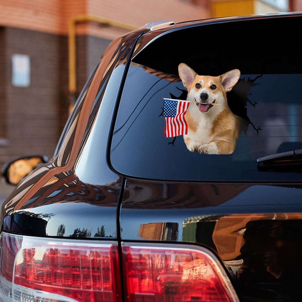 Pembroke Welsh Corgi And American Flag Independent Day Car Sticker Decal