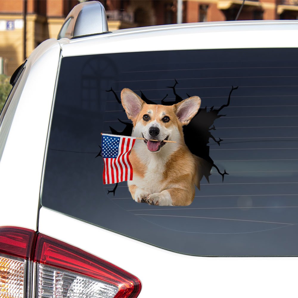 Pembroke Welsh Corgi And American Flag Independent Day Car Sticker Decal