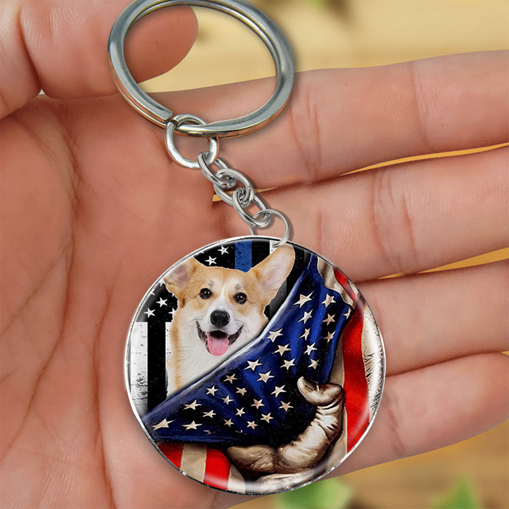 Pembroke Welsh Corgi-Inside American Flag Independence Day Round Resin Epoxy Metal Keychain