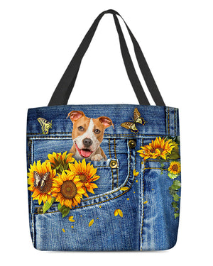 Pitbull-Sunflowers & Butterflies Cloth Tote Bag