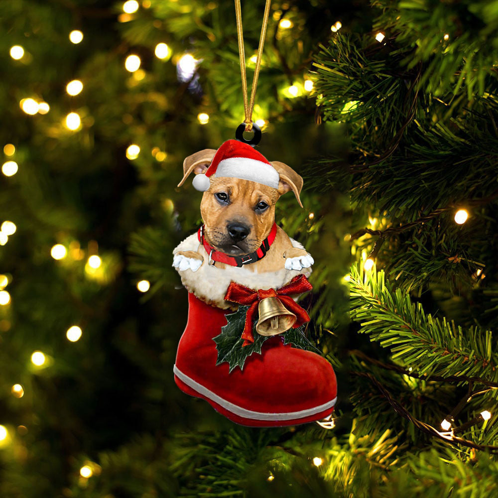 Pitbull Boxer Mix-1-In Santa Boot Christmas-Two Sided Ornament