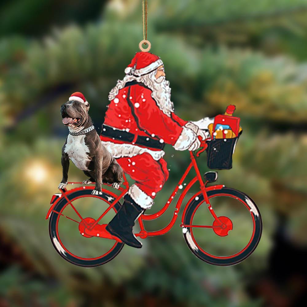 Santa Claus riding a bike with Pitbull-Two Sided Ornament