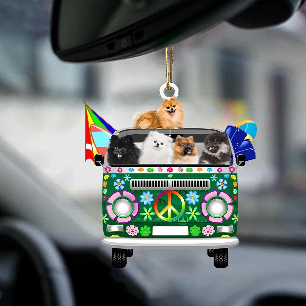 Pomeranian-Green Hippie Van-Two Sided Ornament