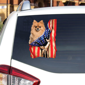 Pomeranian-American Flag Front Car Sticker