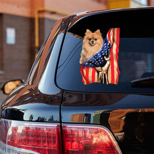 Pomeranian-American Flag Front Car Sticker