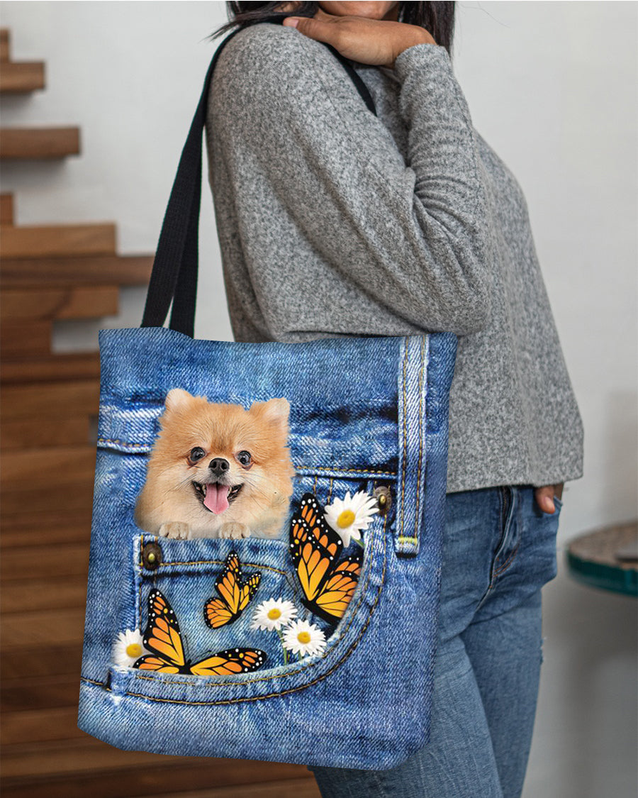 Pomeranian-Butterfly Daisies Fait-CLOTH TOTE BAG