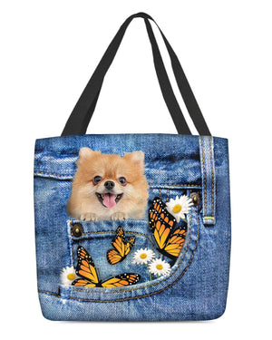 Pomeranian-Butterfly Daisies Fait-CLOTH TOTE BAG