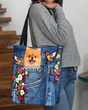 Pomeranian-Cardinal & Cross Flower Cloth Tote Bag