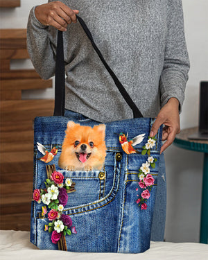 Pomeranian-Cardinal & Cross Flower Cloth Tote Bag