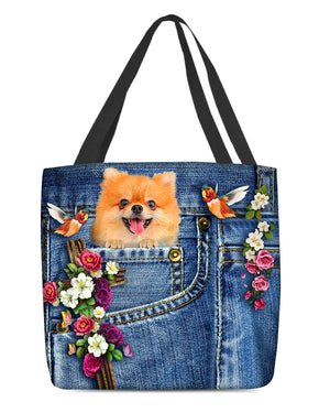 Pomeranian-Cardinal & Cross Flower Cloth Tote Bag