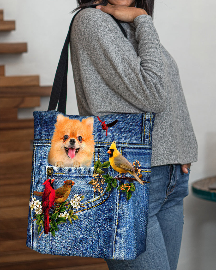 Pomeranian-Cardinal & Dog Cloth Tote Bag