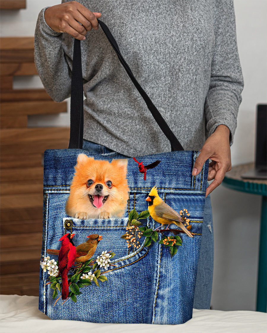 Pomeranian-Cardinal & Dog Cloth Tote Bag