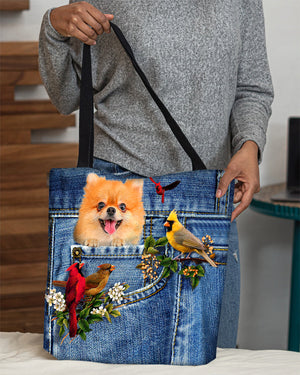 Pomeranian-Cardinal & Dog Cloth Tote Bag