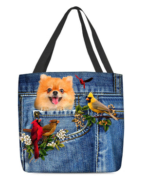 Pomeranian-Cardinal & Dog Cloth Tote Bag