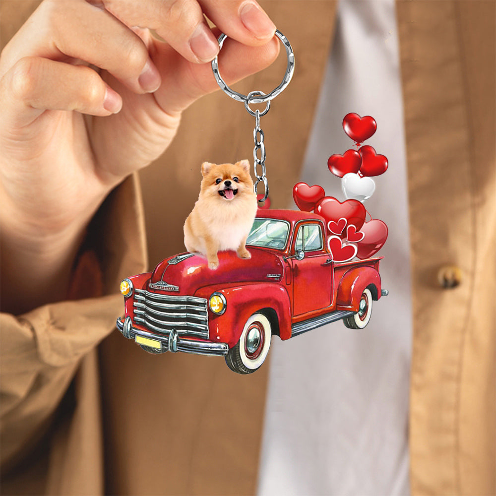 Pomeranian-Red Sports Car flat Acrylic Keychain