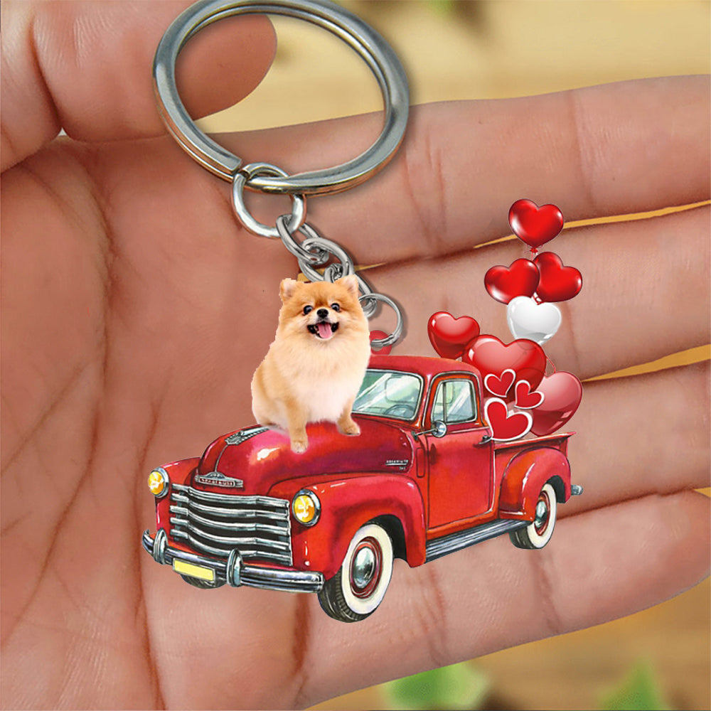 Pomeranian-Red Sports Car flat Acrylic Keychain