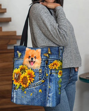 Pomeranian-Sunflowers & Butterflies Cloth Tote Bag