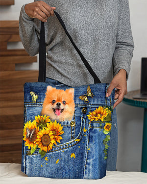 Pomeranian-Sunflowers & Butterflies Cloth Tote Bag