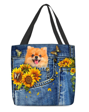 Pomeranian-Sunflowers & Butterflies Cloth Tote Bag