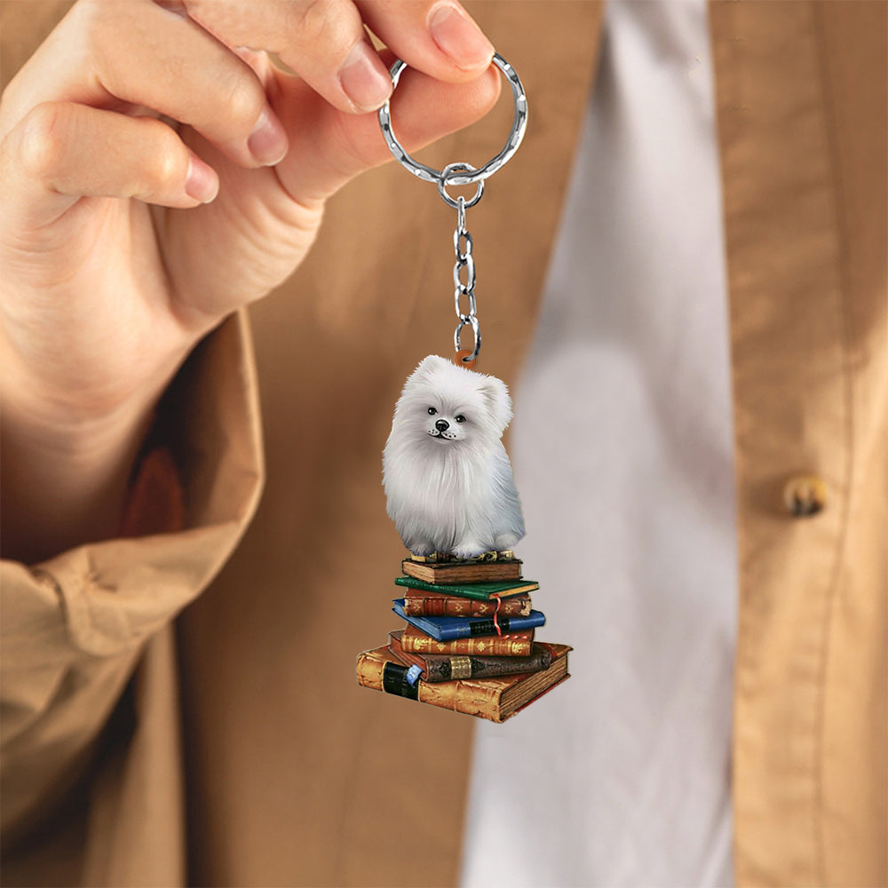 Pomeranian-Sit On The Book-Flat Acrylic Keychain
