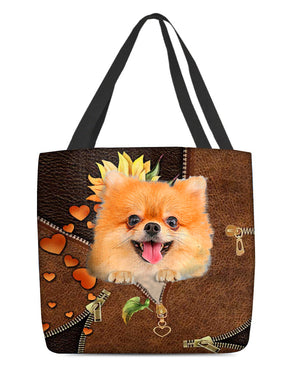 Pomeranian-Sunflower&zipper Cloth Tote Bag