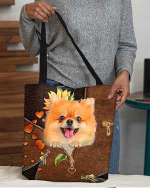 Pomeranian-Sunflower&zipper Cloth Tote Bag