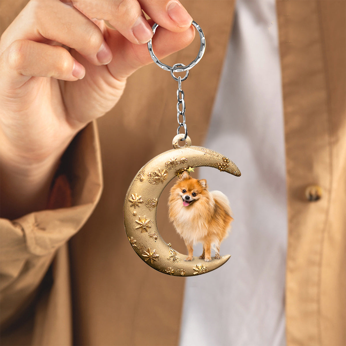 Pomeranian 2-Dog & Moon Flat Acrylic Keychain