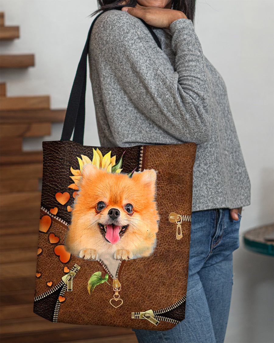 Pomeranian-Sunflower&zipper Cloth Tote Bag