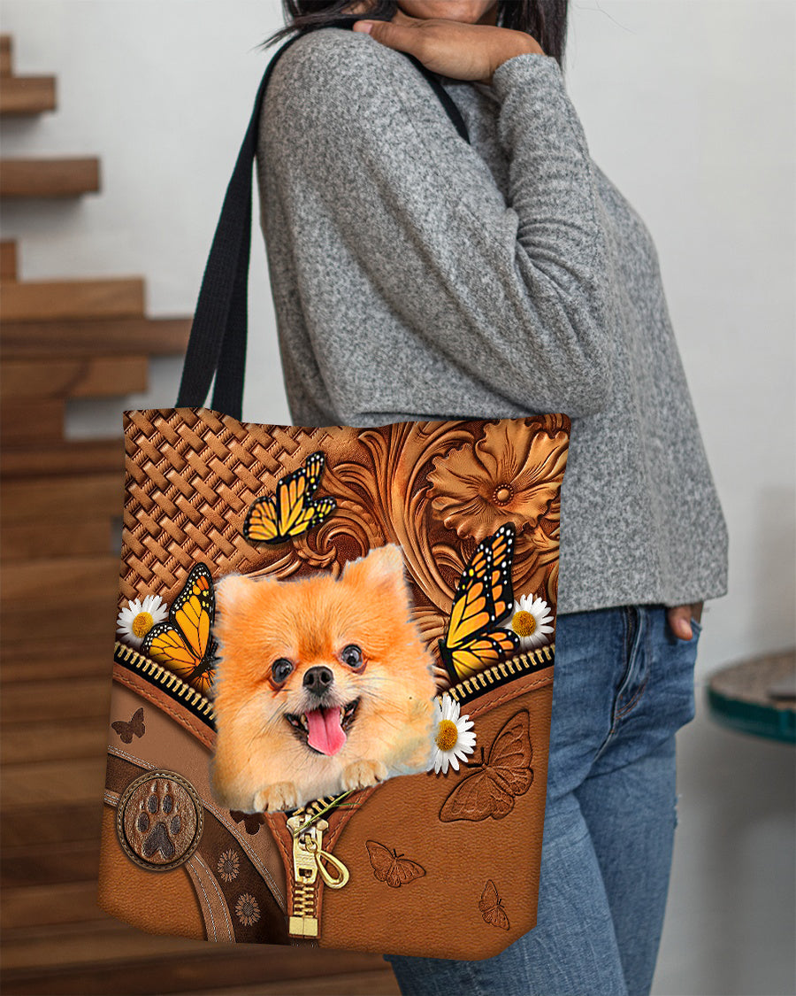 Pomeranian Butterfly Daisy Cloth Tote Bag