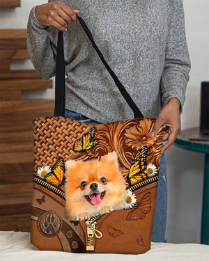 Pomeranian Butterfly Daisy Cloth Tote Bag