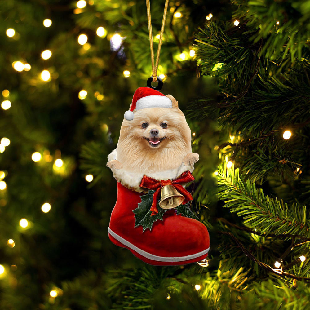 Pomeranian (2)-1-In Santa Boot Christmas-Two Sided Ornament