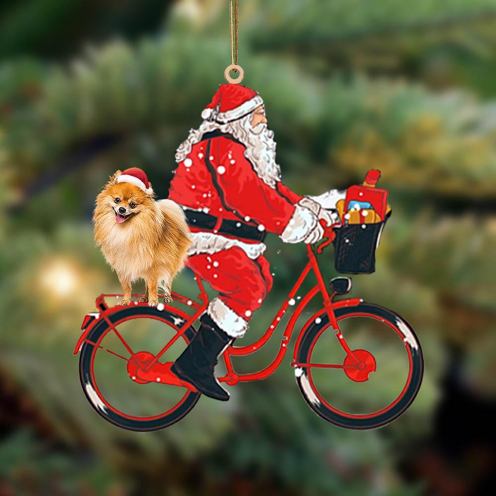 Santa Claus riding a bike with Pomeranian-Two Sided Ornament