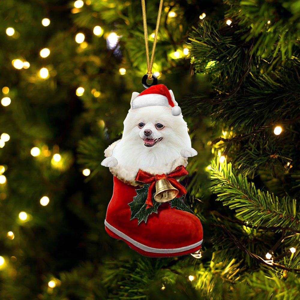 Pomeranian(White)-1-In Santa Boot Christmas-Two Sided Ornament