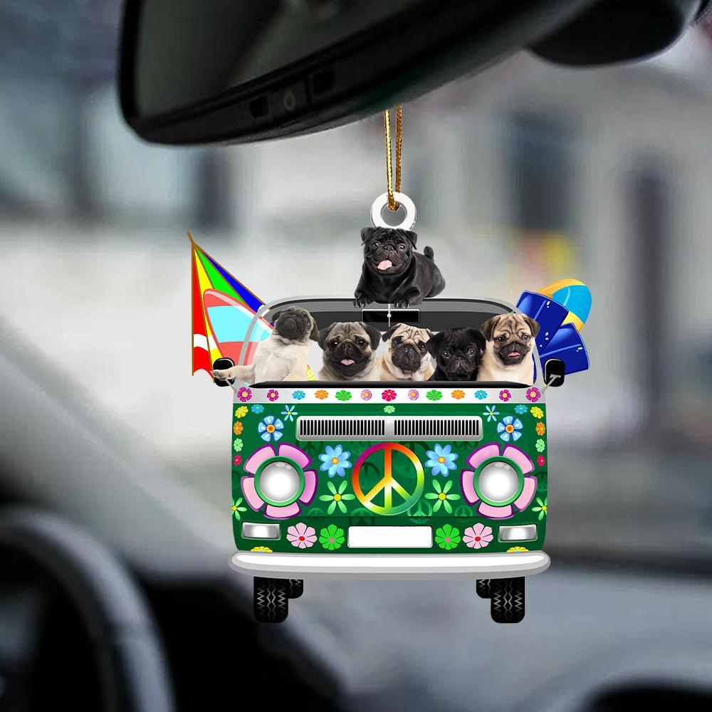 Pug-Green Hippie Van-Two Sided Ornament