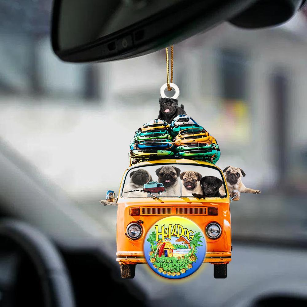 Pug-Orange Hippie Van-Two Sided Ornament