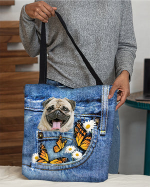 Pug-Butterfly Daisies Fait-CLOTH TOTE BAG