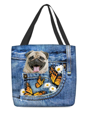 Pug-Butterfly Daisies Fait-CLOTH TOTE BAG