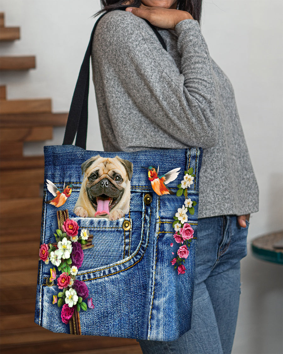 Pug-Cardinal & Cross Flower Cloth Tote Bag