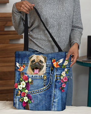 Pug-Cardinal & Cross Flower Cloth Tote Bag