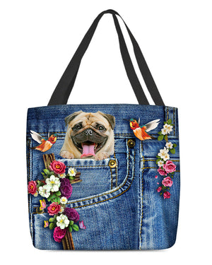 Pug-Cardinal & Cross Flower Cloth Tote Bag