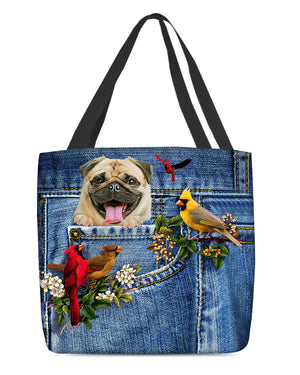 Pug-Cardinal & Dog Cloth Tote Bag