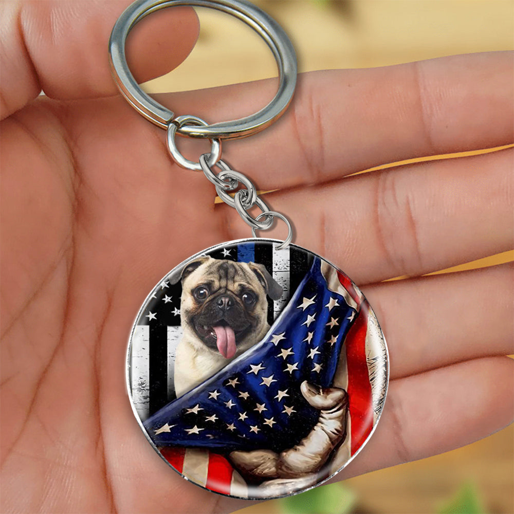 Pug-Inside American Flag Independence Day Round Resin Epoxy Metal Keychain